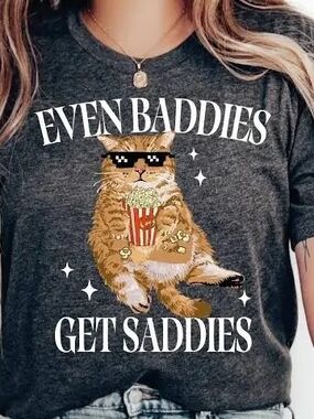 Even Baddies Get Saddies Cat Graphic Tee - Charcoal